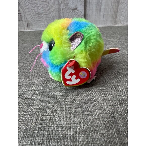 TY Puffies GIZMO Neon Rainbow Cat 2021 Small Stuffed Puff Ball Plush Toy - Picture 4 of 10